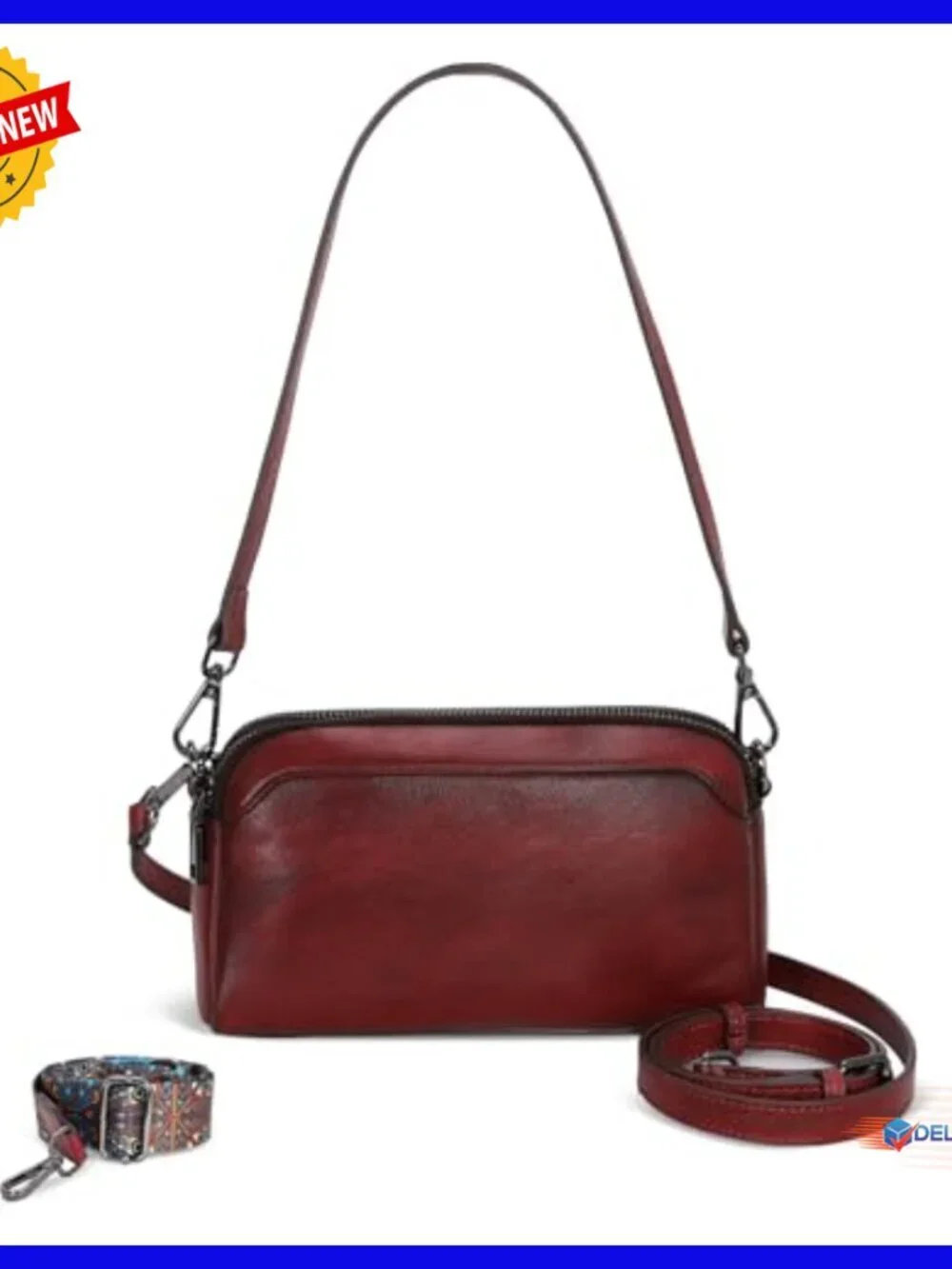 Genuine Leather Crossbody Bag with Multiple Pockets, Adjustable Straps